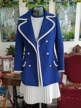 Lily Ann Vintage 1960s White And Royal Blue Dress And Coat Set Size Small